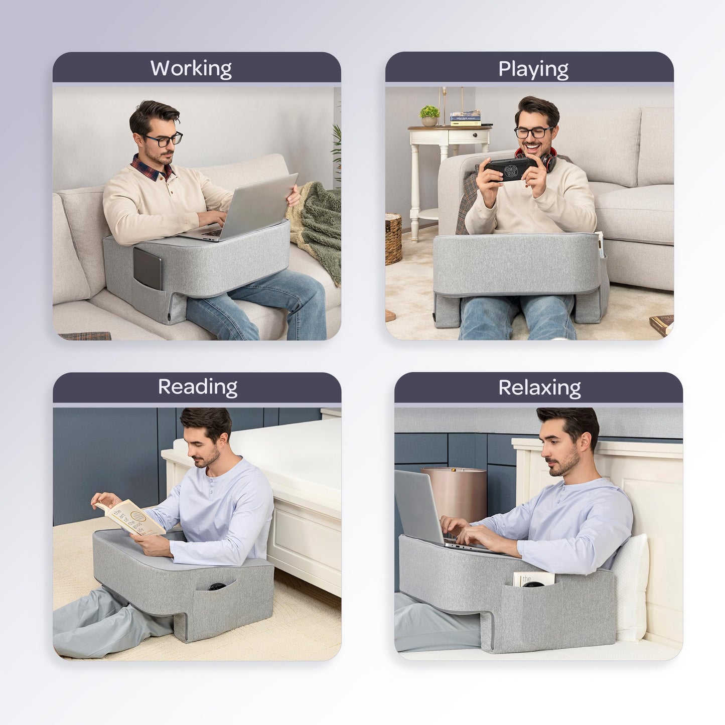 Lavish Home Reading Pillow for Gaming - Lap Desk Pillow with Arm Rests, Storage Pockets, and Removable Washable Cover - Laptop Pillow for Reading, Gaming, Studying, and Working (Gray)