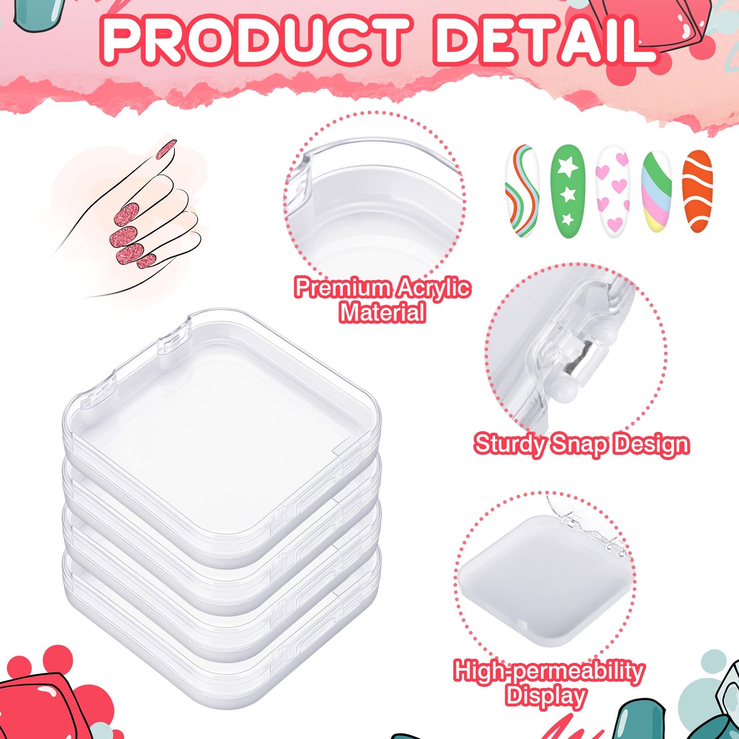 AceOrbit Press on Nail Boxes with 180 Pcs Adhesive Double Sided Tape Acrylic Press on Nail Packaging Cases Transparent Storage Case Organizer for Display Art Salon Supplies(White,48 Pcs)