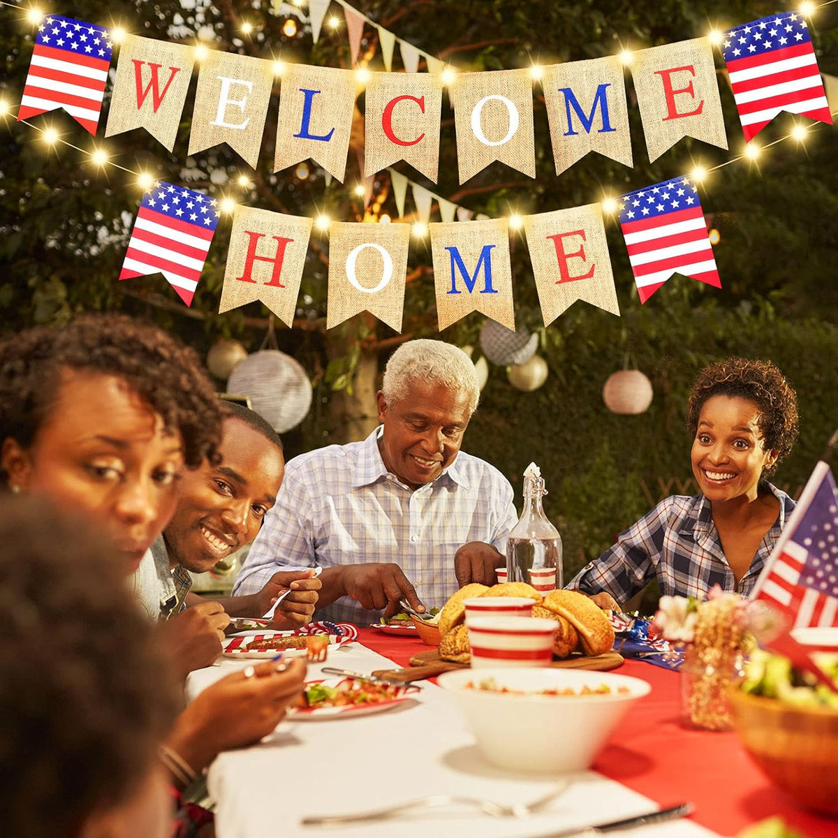 Mudder Welcome Home Banner with LED Decoration Fairy String Light 2 Flicker Mode Patriotic Banner Bunting Welcome Home Sign for Housewarming Military Celebration Family Party Supplies Gifts