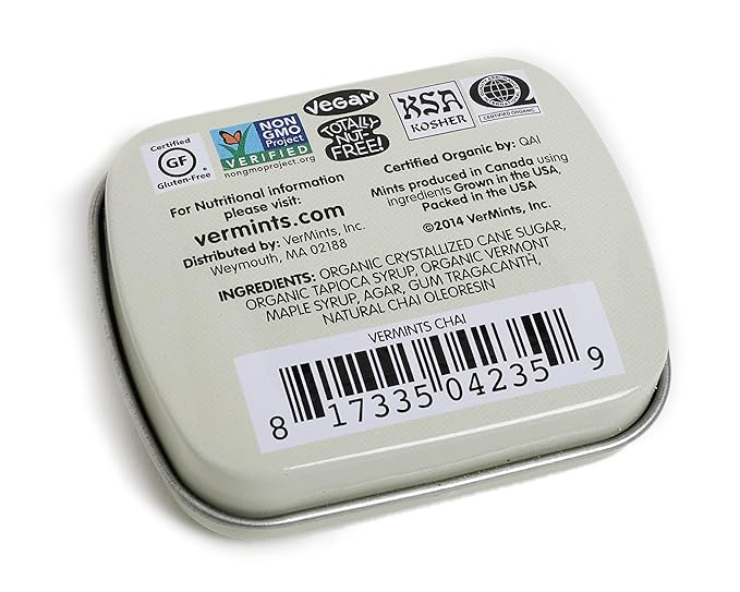VerMints Organic Breath Mints - Real, Lasting Chai Flavored Pastilles - Breath Fresheners in Travel Mint Tins - Non-GMO, Nut Free, Gluten Free, Kosher & Vegan Candy - .63oz/18g (Pack of 12)