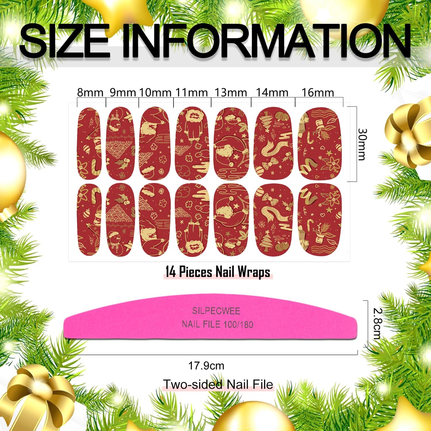 SILPECWEE 20 Sheets Christmas Nail Polish Stickers Full Nail Wraps Stick on Nail Polish Strips Gel Nail Strips Self Adhesive Holiday Manicure Fingernail Sticker Nails for Women with Nail File