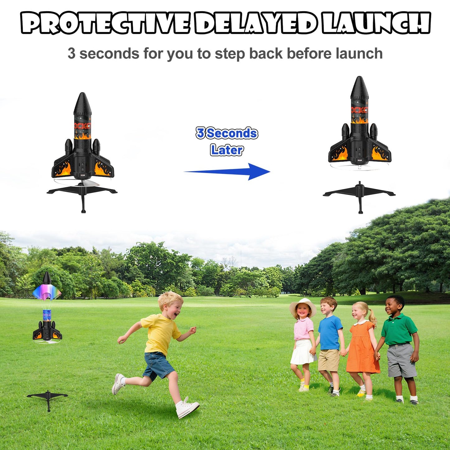 Ovaasy Rocket Launcher for Kids, 200 ft Self Launching Motorized Rocket Toy with LED and Safety Parachute Land, Outdoor Toys Cool Birthday for Boys Ages 8-12 (Orange)