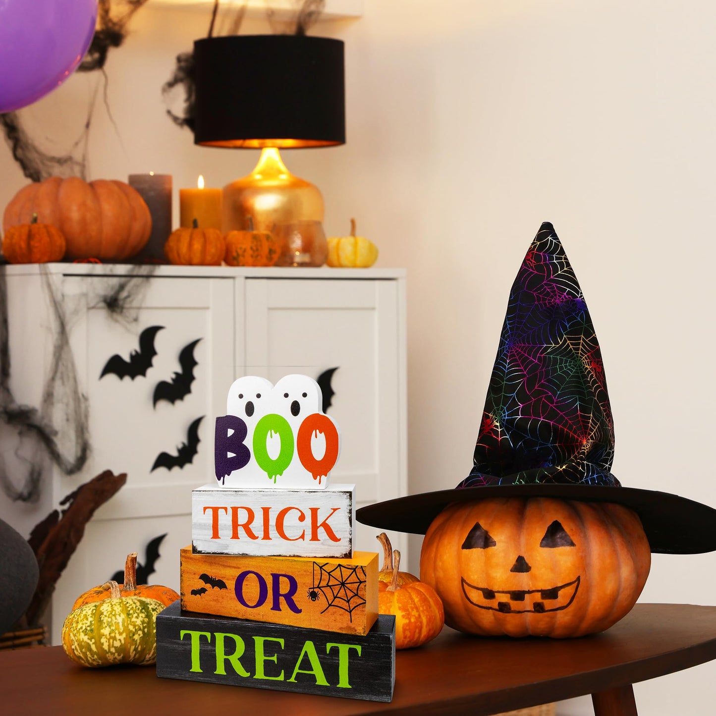 4 Pcs Halloween Wooden Tiered Tray Decor, Trick or Treat Decorations Gifts for Home, Halloween Table Centerpiece for Fall Party Kitchen