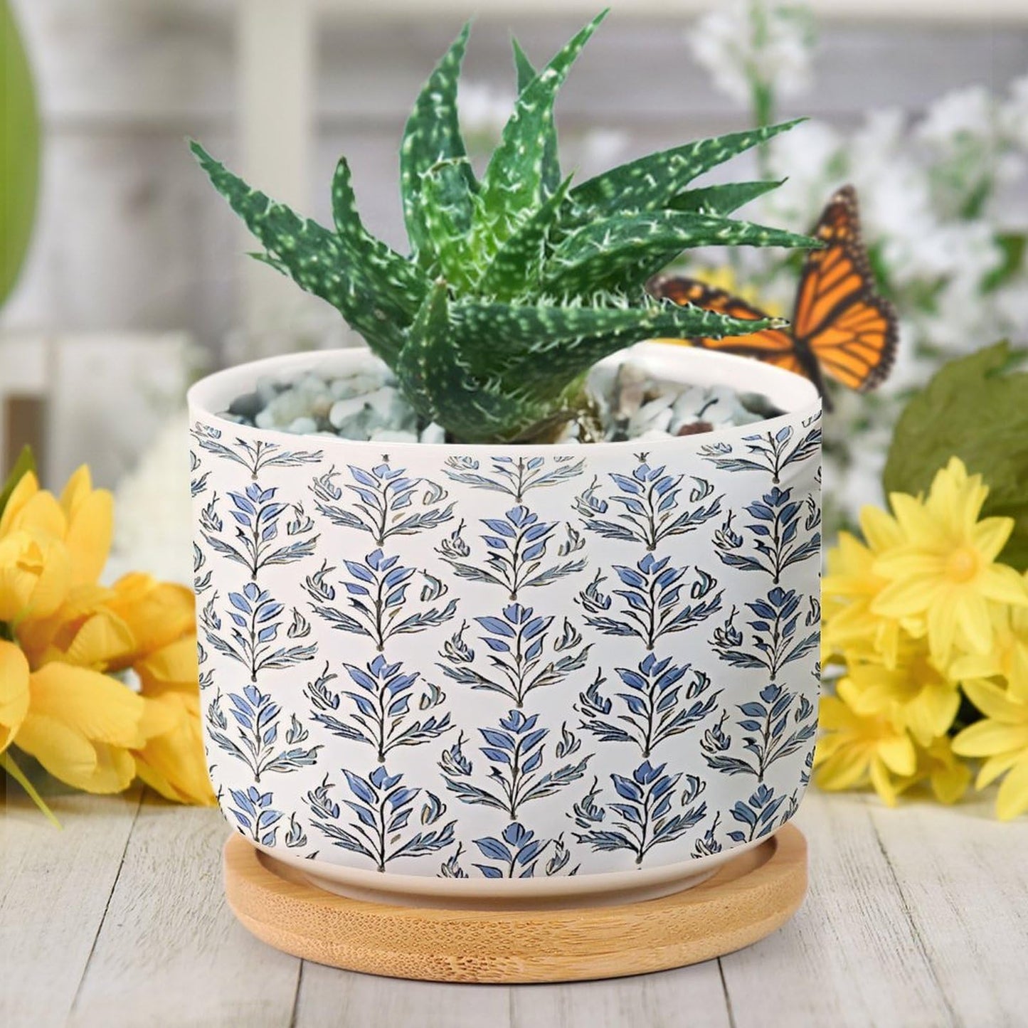 BRUYU5SE Mughal Flower Ceramic Planters Blue Floral Snake Plant Live Indoor with Pot with Drainage Holes and Saucers Pot for Indoor Outdoor Garden