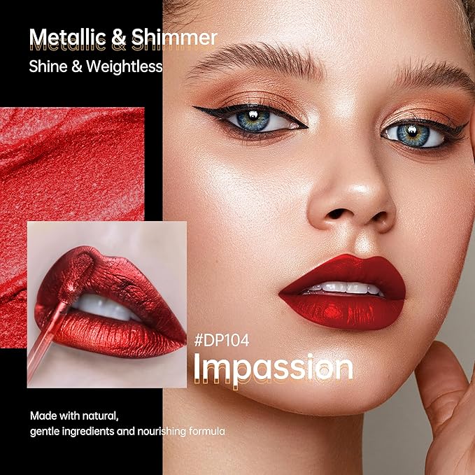 Dark Red Lipsticks for Women Metallic Lipstick Long Lasting Non Stick Cup Lip Gloss, Metal Shine Lightweight Hydrating Full Coverage Lip Color, DP104 Impassion