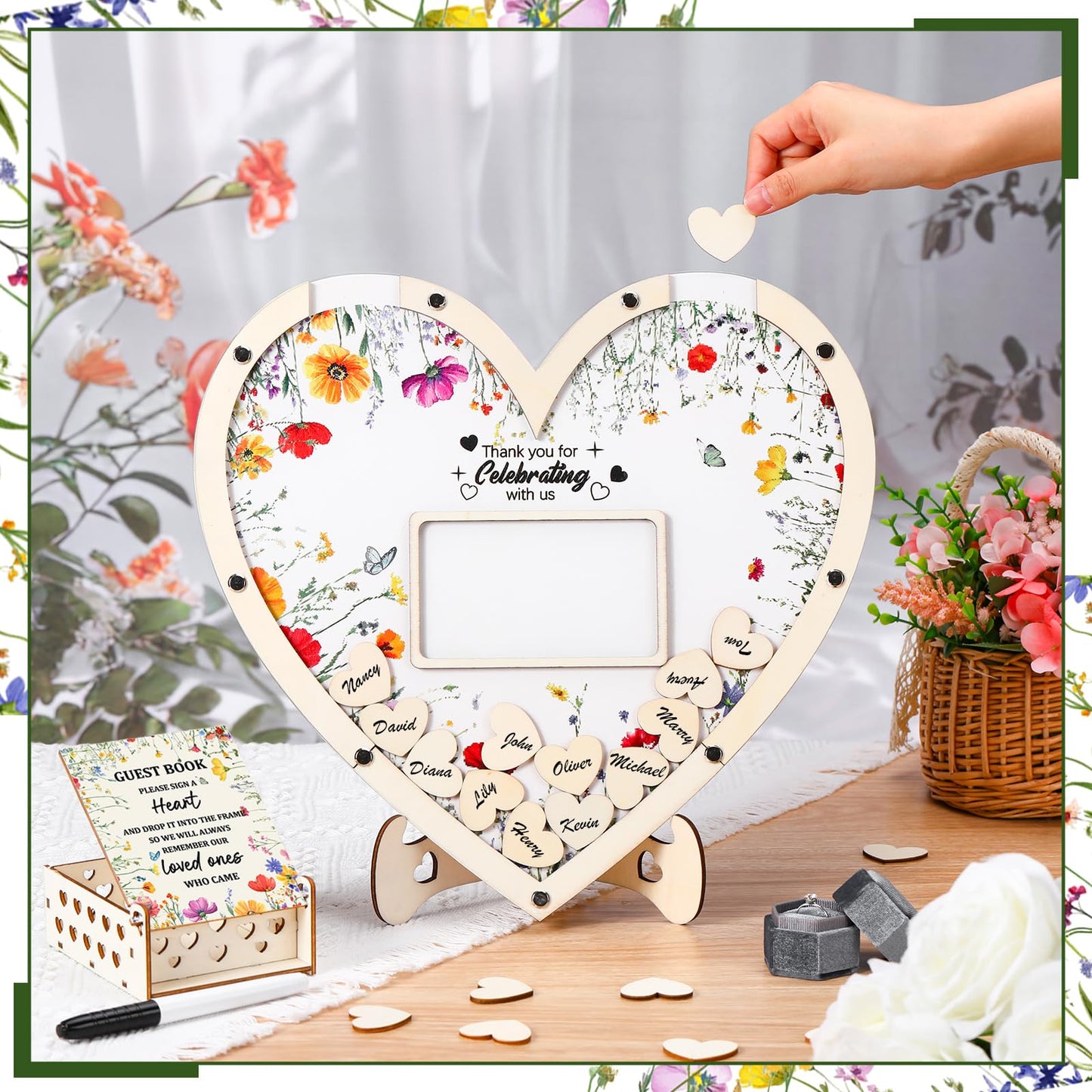 Chunful Wedding Hearts Guest Book Alternative with 100 Wooden Hearts Chips Storage Box and Pen Brown Wooden Theme Heart Picture Frame Rustic Guest Book Reception for Wedding Ceremony (Wildflower)