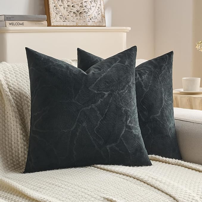 FUTEI Black Velvet Throw Pillow Covers 16x16 Inch Set of 2,Soft Embossed Leaf-Relief Textured Cushion Cases,Natural Home Decor for Couch Living Room