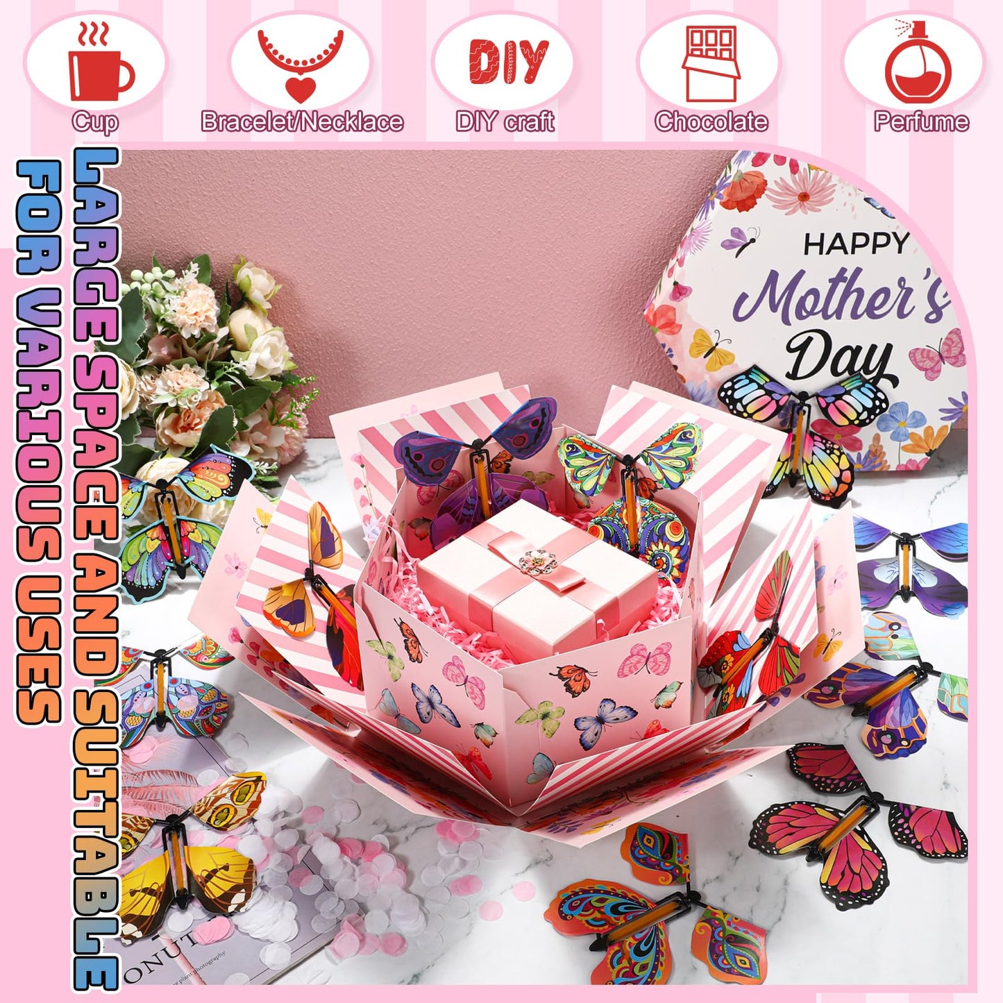 AmazingSpark Happy Mother's Day Flying Butterfly Surprise Explosion Gift Box 5.7 x 5.7 x 5.7 Inches Gift Explosion Box with 15 Pcs Flying Butterfly Exploding Surprise Gift for Mother's Day Birthday