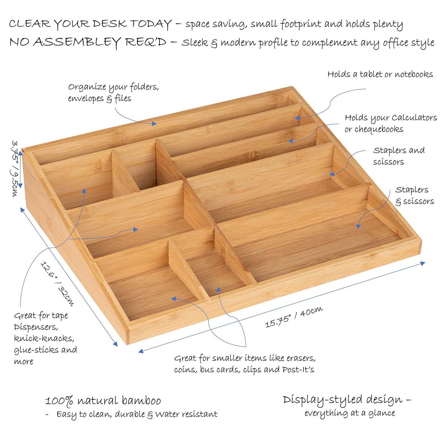 Theodore Bamboo Desktop Organizer – 10‑Compartment Natural Wood Storage Tray for Office, Home, Kitchen & Vanity – No Assembly, Water‑Resistant, Eco‑Friendly