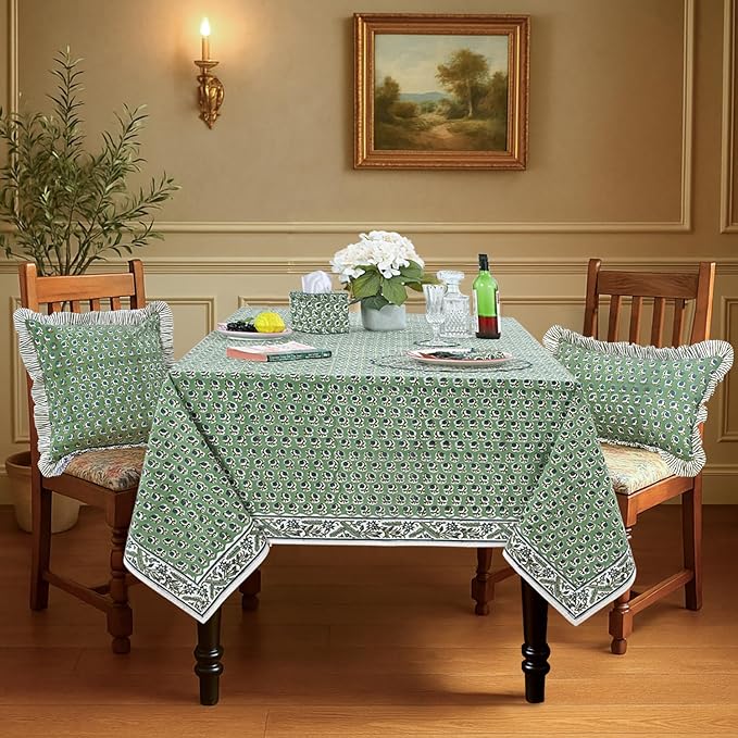 Ridhi Hand Block Print Basil Green Rectangle Cotton Tablecloth 120" x 80" Reusable Table Cover Decorative Everyday Use for Dining, Farmhouse, Home Gift for Spring, Easter, Valentine