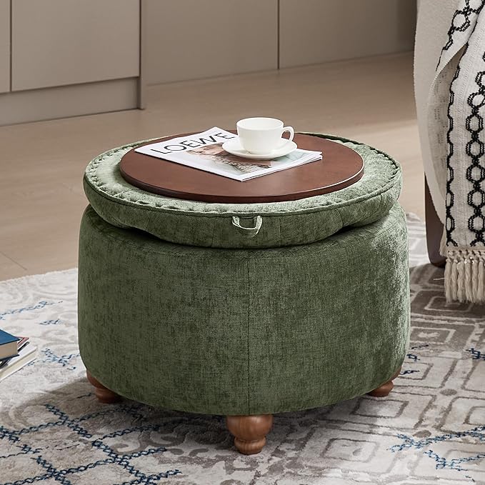 24Inch Round Storage Ottoman with Tray, Modern Tufted Circle Coffee Table with Storage, Upholstered Ottoman with Removable Top for Living Room, Bedroom, Chenille Green