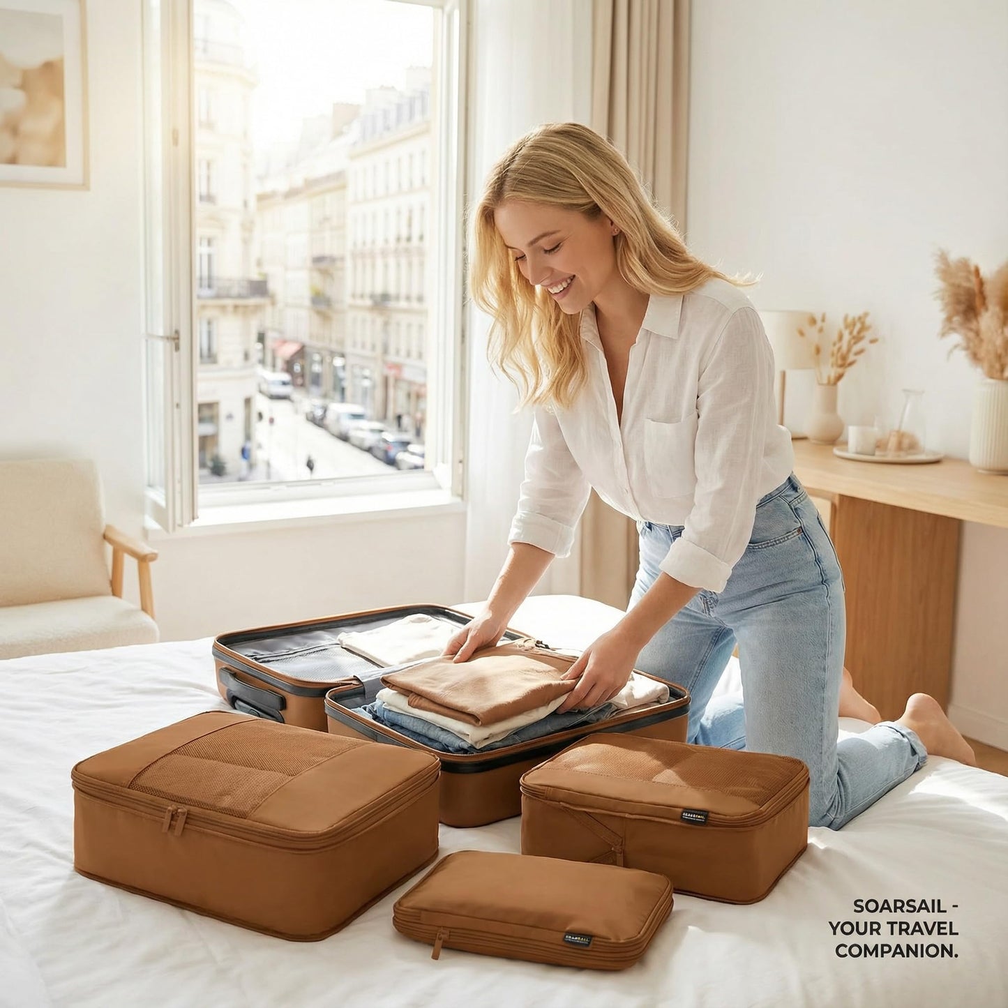 SOARSAIL 4 Piece Compression Packing Cubes for 3–7 Day Travel, Lightweight Travel Organizers with Breathable Mesh, Double-Zipper Packing Cubes for Carry-On & Suitcases (Light Brown)
