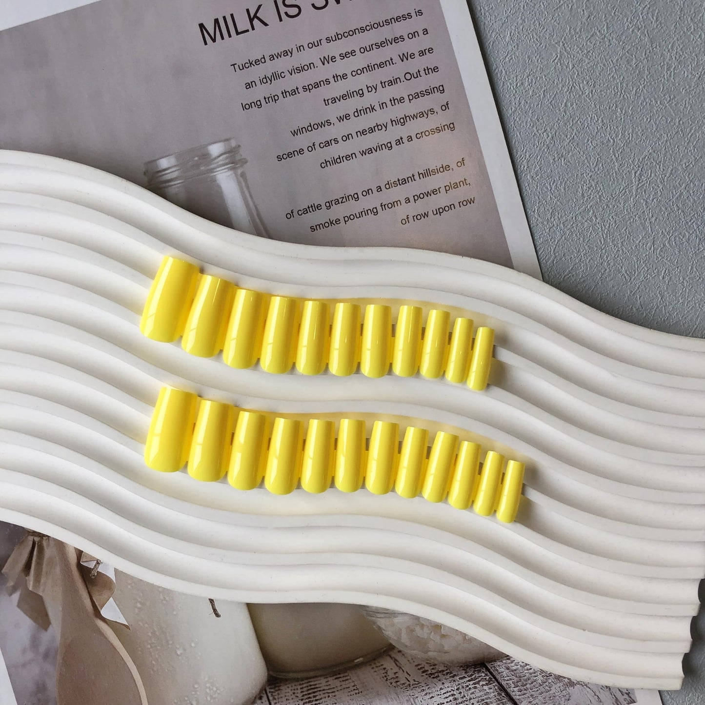 KQueenest Yellow Press On Nails Long Medium Coffin Gloss Bright Solid Color Full Cover Long Medium Fake Nails For Women, Thick Acrylic Glue on Nails for Daily Wear, 24 Pcs