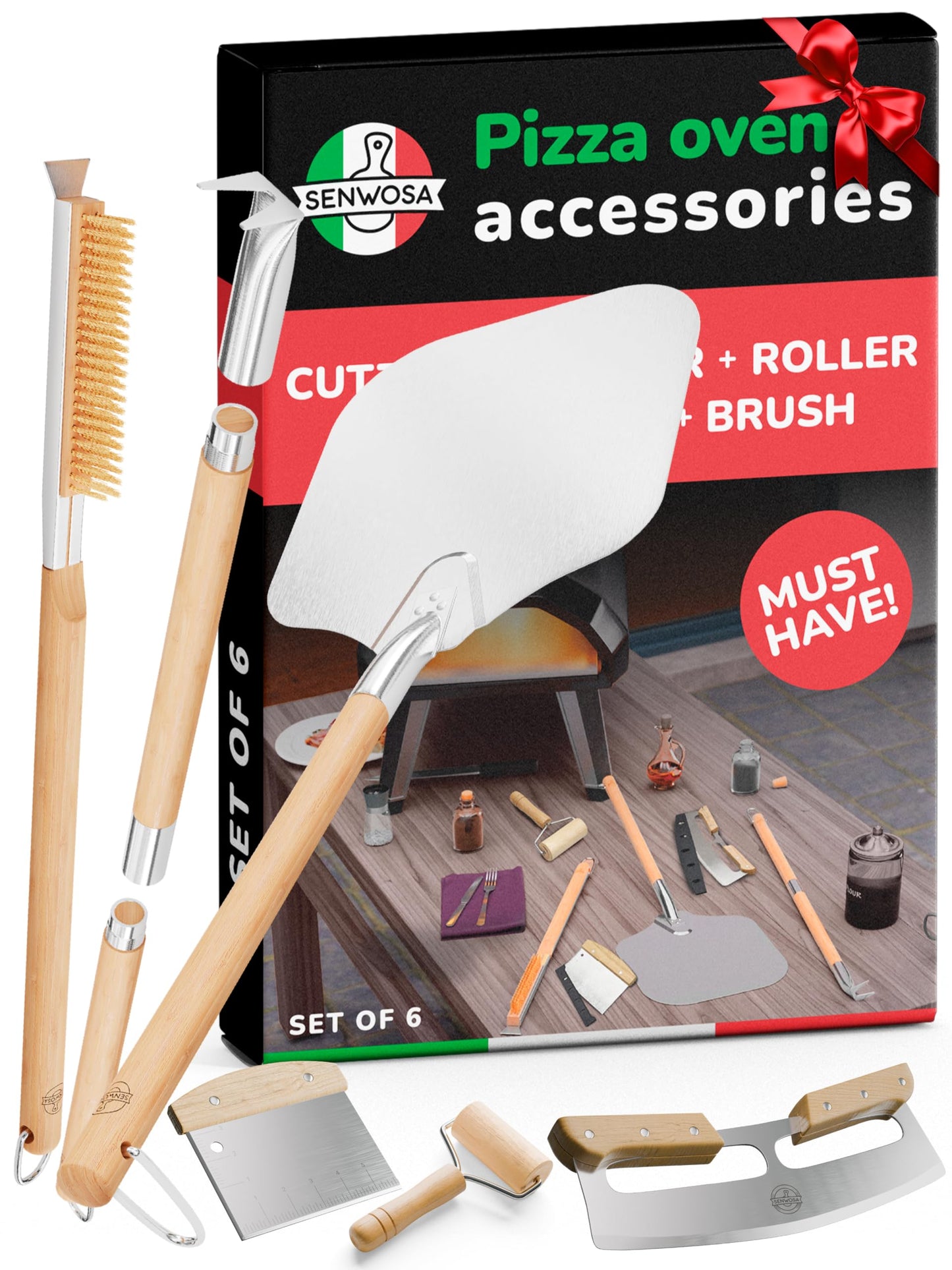 Senwosa Premium Pizza Oven Accessories Kit - 6-Piece Set for Home Pizza Making: Includes Pizza Peel, Oven Brush, Bubble Popper Turner, Rocker Cutter, Dough Roller & Scraper