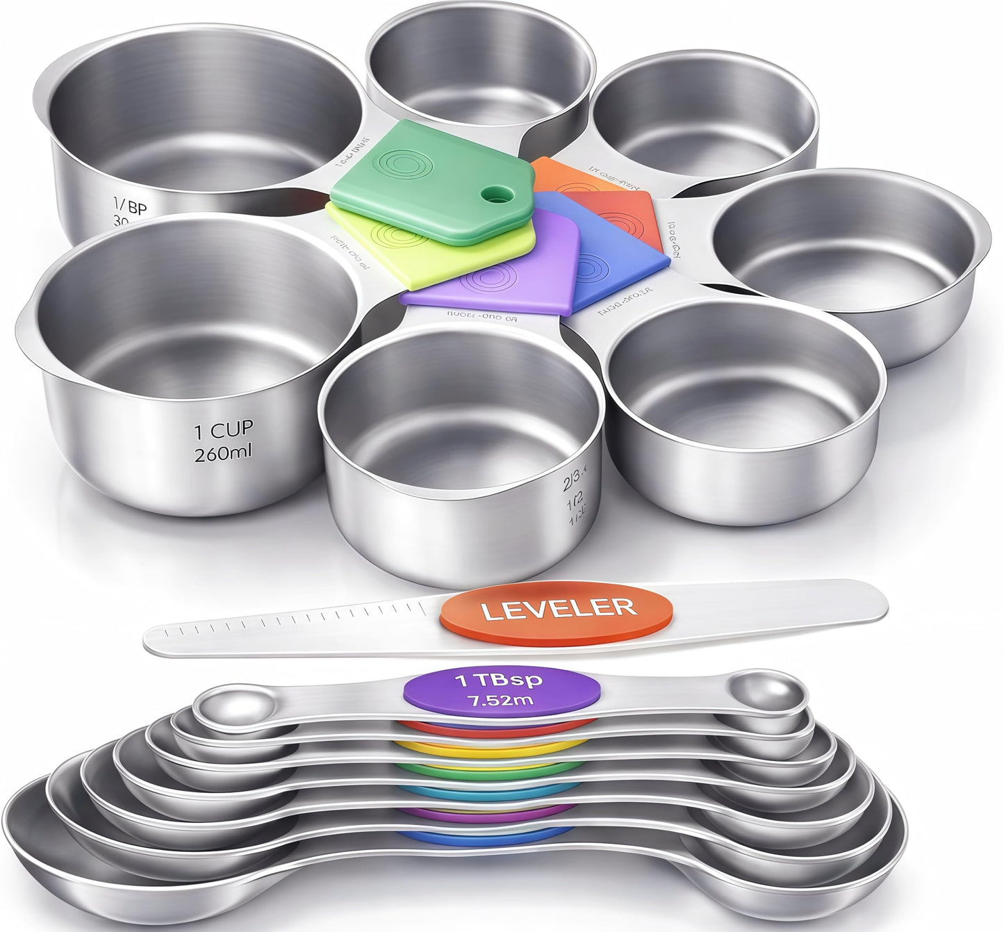 HOWGOODY Magnetic Measuring Cups and Spoons Set304 Stainless Steel Dual Scale Set of 15, Strong N52 Magnetic Nesting Design with Leveler, for Dry&Liquid Ingredients, Dishwasher Safe(Colorful)