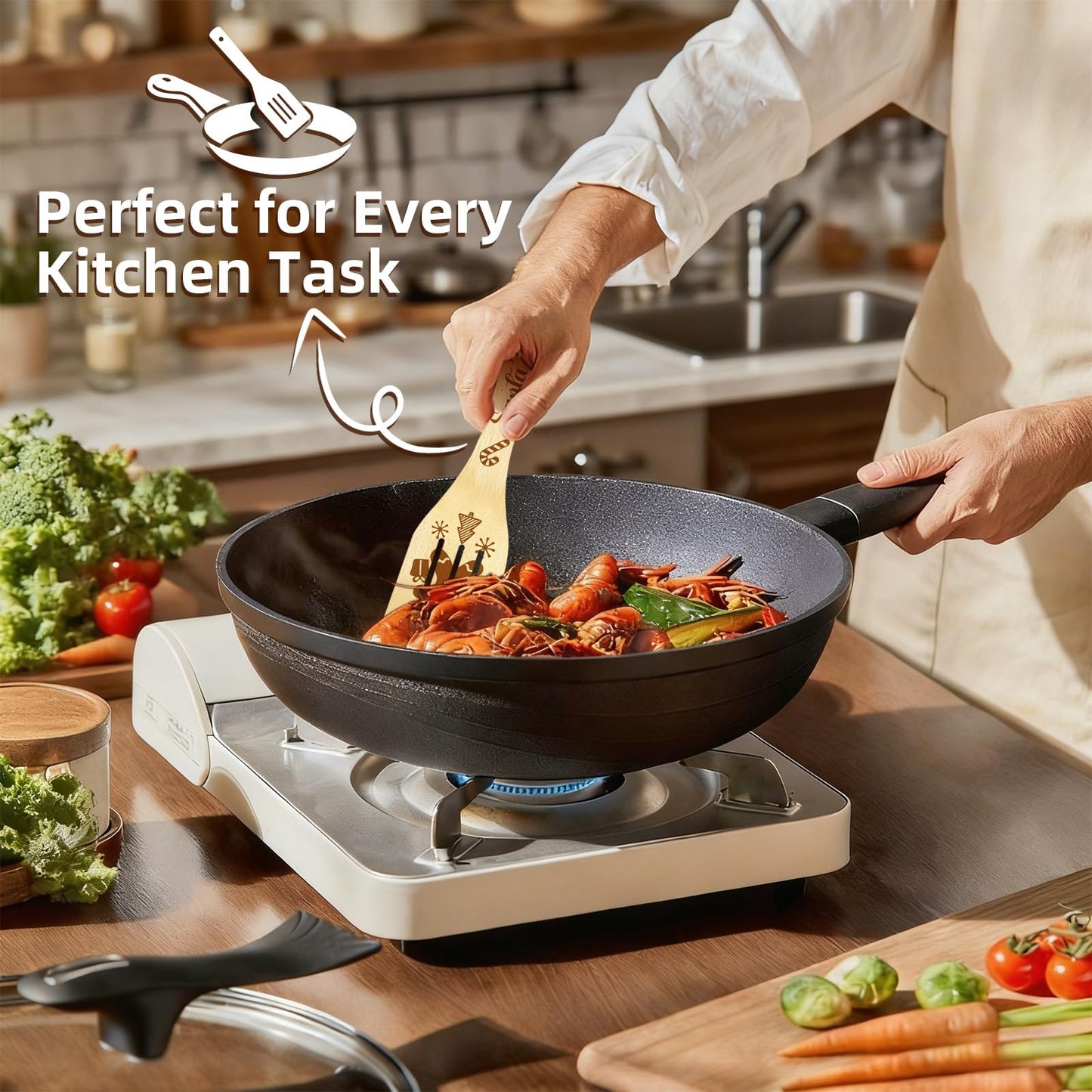 Christmas Cooking Spoons Set with Canvas Bag, 5Pcs Bamboo Non-Stick Cooking Utensils, Kitchen Accessories Housewarming Gift for Friend Women Men, Funny Thanksgiving Christmas Gift for Mom Dad