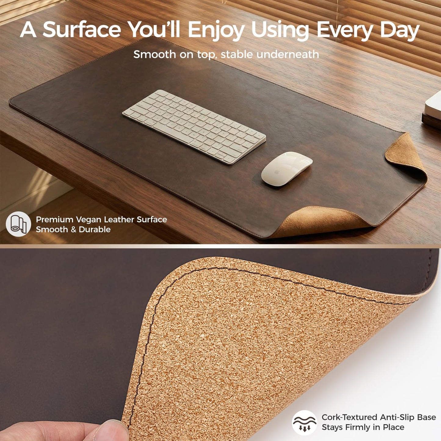 Premium Faux Leather Desk Mat & Tray Set，Innovative Cork-Look Printed Base，Gift Tube Packaging，Full-Desk Coverage，Non-Slip Desk Pad for Office Home（Espresso Brown）