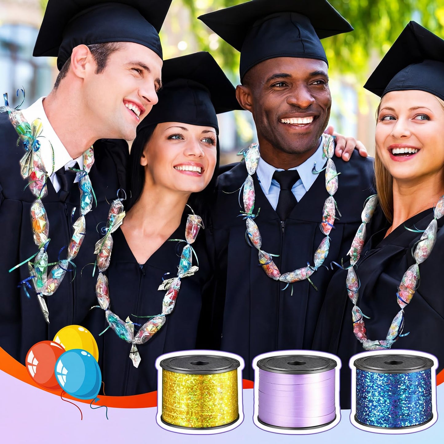 Berlune Candy Lei Making Kit for Graduation Party Favor Include 2 in x 1000 ft Poly Tubing 3 Rolls Curling Gift Ribbon 300 Yd/ 900 ft and Scissor for Hawaii Tropical Wedding DIY(Purple, Blue, Yellow)