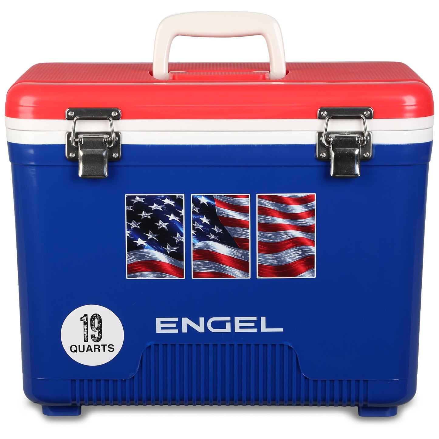 Engel UC19-RWB 19 Quart Fishing Live Bait Dry Box Ice Cooler with Stain/Odor-Resistant Surface and Shoulder Strap, USE Red, White and Blue with American Flag