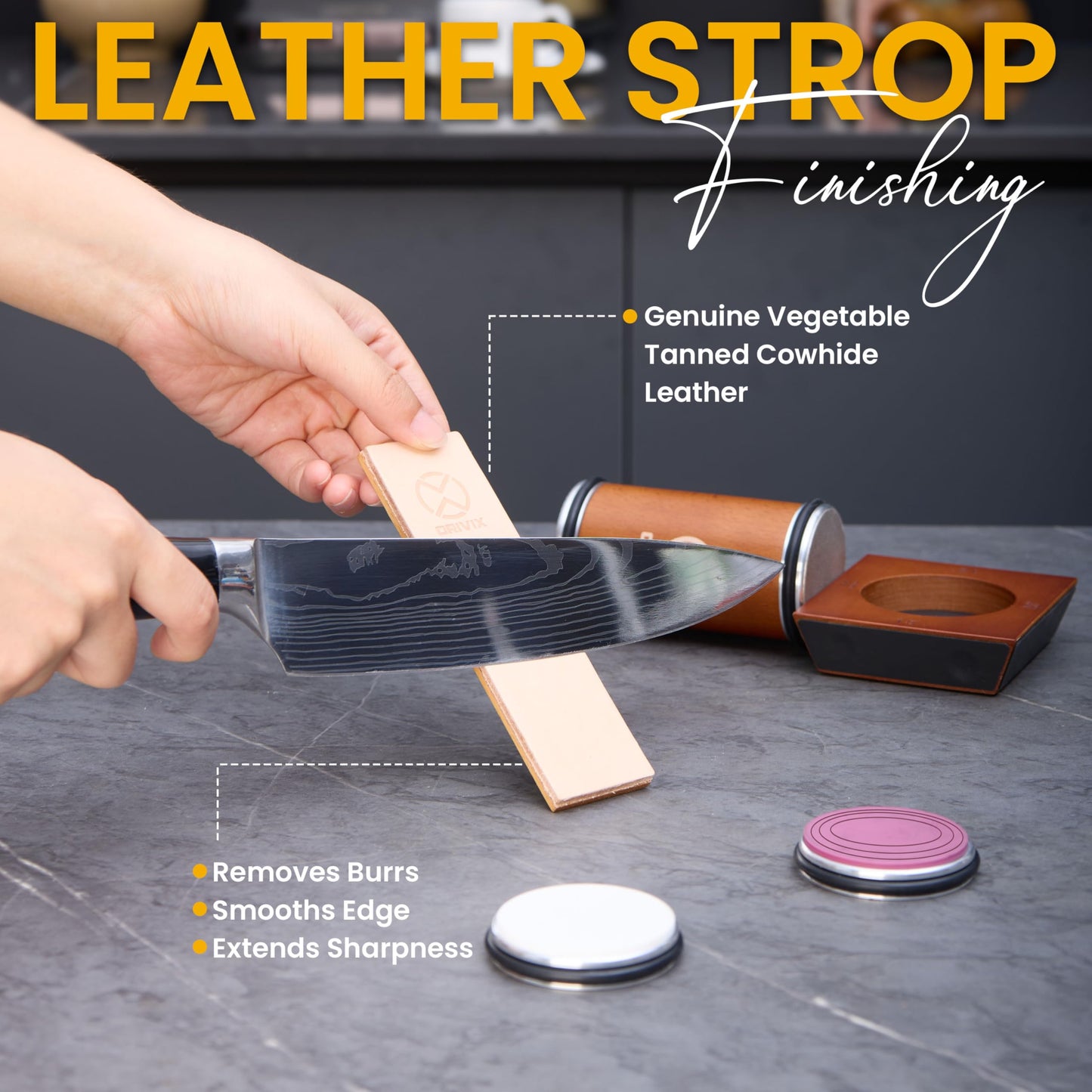 Orivix Rolling Knife Sharpener Kit – Magnetic 4-Angle Base, 3.86 Inches Longer Wooden Roller, 4 Grit Discs (1000/400 Diamond & 3000 Maroon / 6000 White Ceramic) and Leather Strop