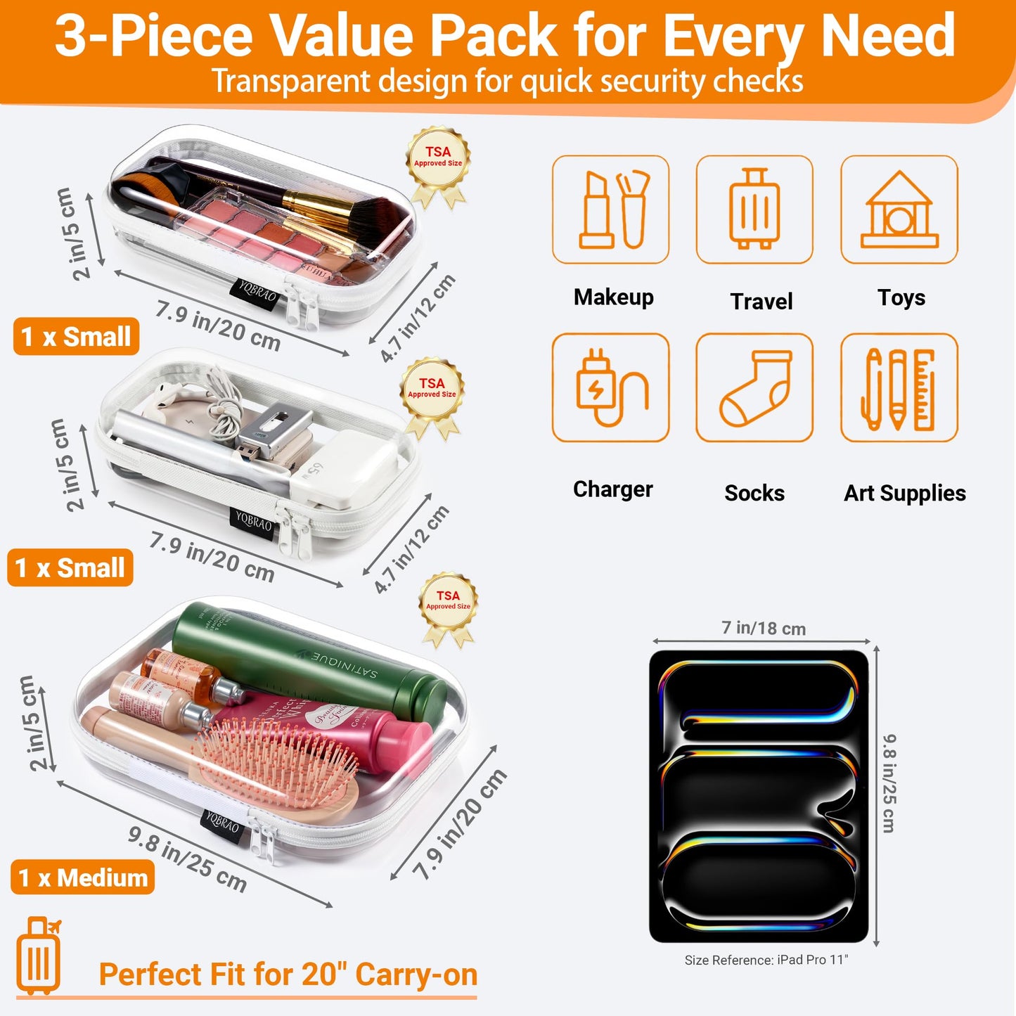 YQBRAO 6 Pack Clear Hard Shell Beauty Organizer (2M+4S), 1.2mm Crush-Proof Cosmetic Case, Reinforced YKK Zippers, Stadium Approved Security Bag for Skincare, Toiletries & Electronics, Multi-Size Set