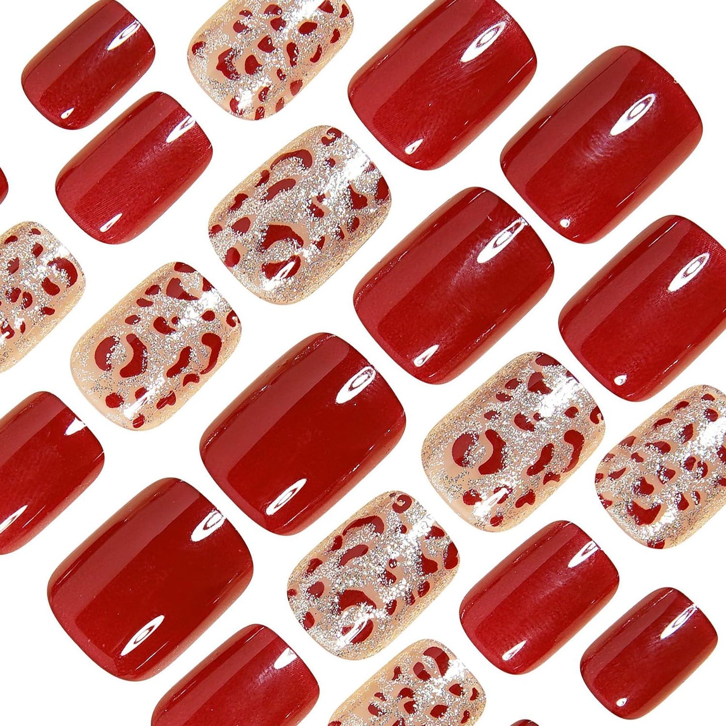Red Press on Nails Short Square CEWEWP Fake Nails Winter False Nail with Gold Glitter Red Leopard Print Designs Glossy Glue on Nail Full Cover Acrylic Nails for Women Girls 24Pcs