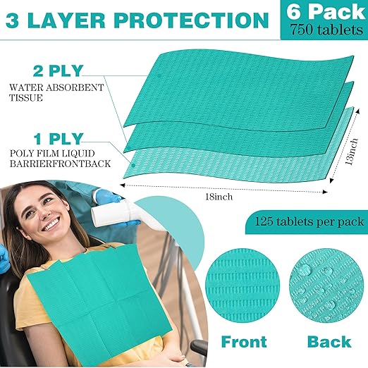 Newwiee 750 Pcs Disposable Dental Bibs Bulk Waterproof Tattoo Sheet Patients for Lash Nail Art Tray Cover 13" x 18"(Green)