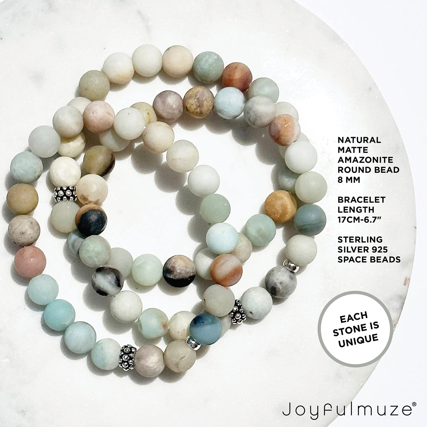 Joyfulmuze Matte Amazonite Natural Gemstone, 925 Sterling Silver, Healing Stone, Hope and Truth Bracelet, Birthday Jewelry Gift for Women, 7" (Amazonite-Silver-8mm)