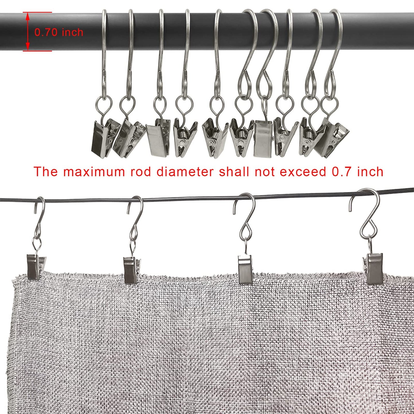 AMZSEVEN Stainless Steel S Hooks Curtain Clips, 50 Pack Hanging Party Lights Clips, Hangers Gutter Photo, Art Craft Display, 3 Inch Long, Silver