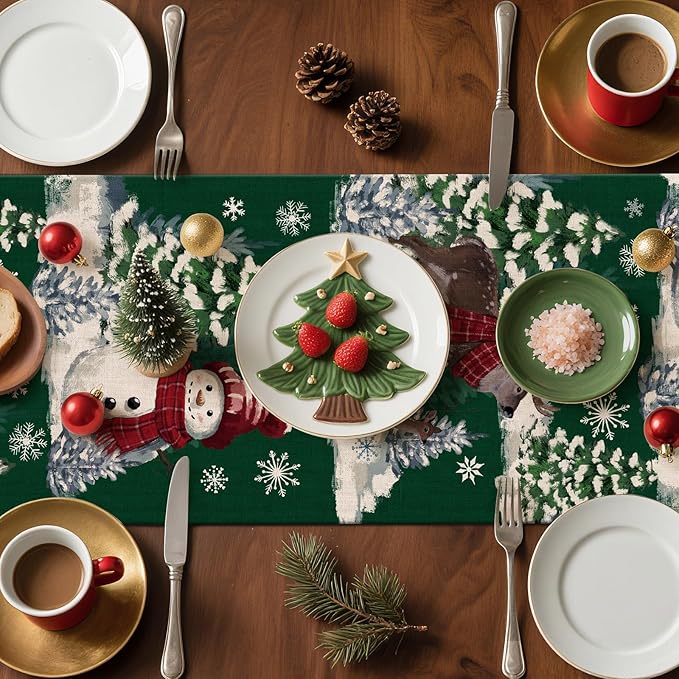Artscope Reindeer Snowman Christmas Tree Table Runner, Xmas Winter Snowflakes Holiday Kitchen Dining Table Decoration for Christmas Home Party Decor 13x90 Inch-Green