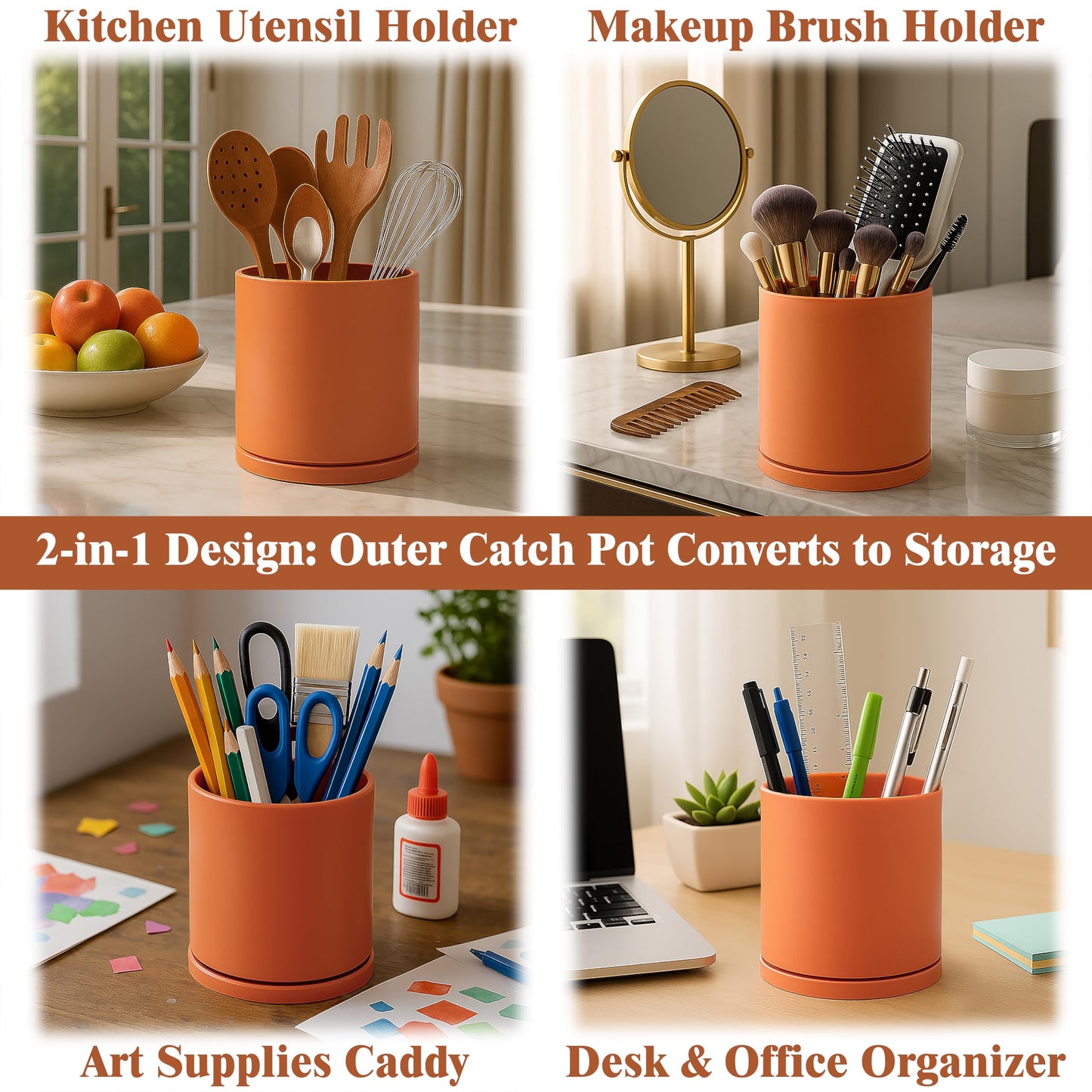 D'vine Dev Double-Layer Planter Set – Rotating Plastic Cachepot with Clear Inner Liner for Root Health, Perfect for Indoor Plants, 4.5", Pumpkin, 73-U-E-1