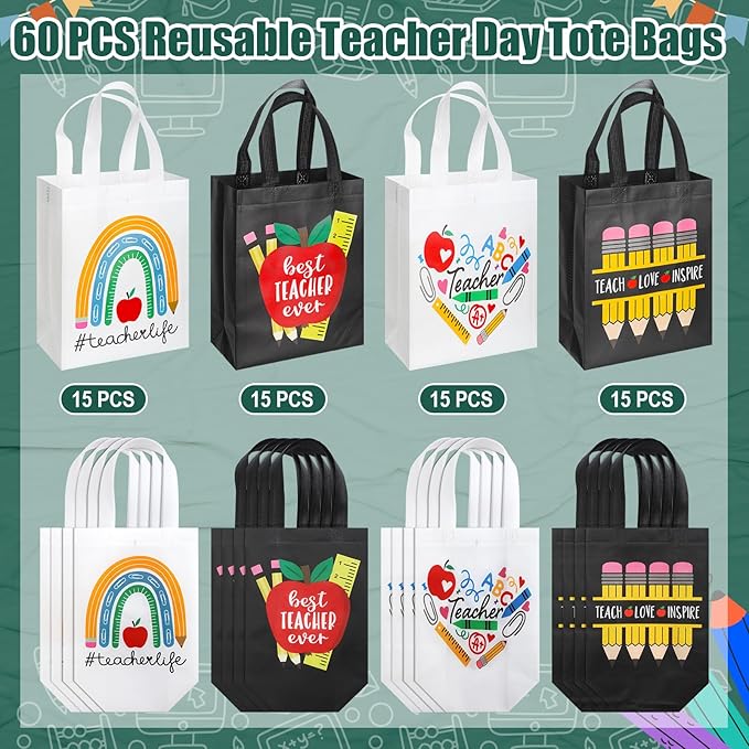Wesnoy 60 Pcs Teacher Appreciation Gift Tote Bags Bulk Thank You Teachers Reusable Non Woven Treat Goodie Bags with Handles Gifts Wrap for School Office Retirement Graduation Party Supplies