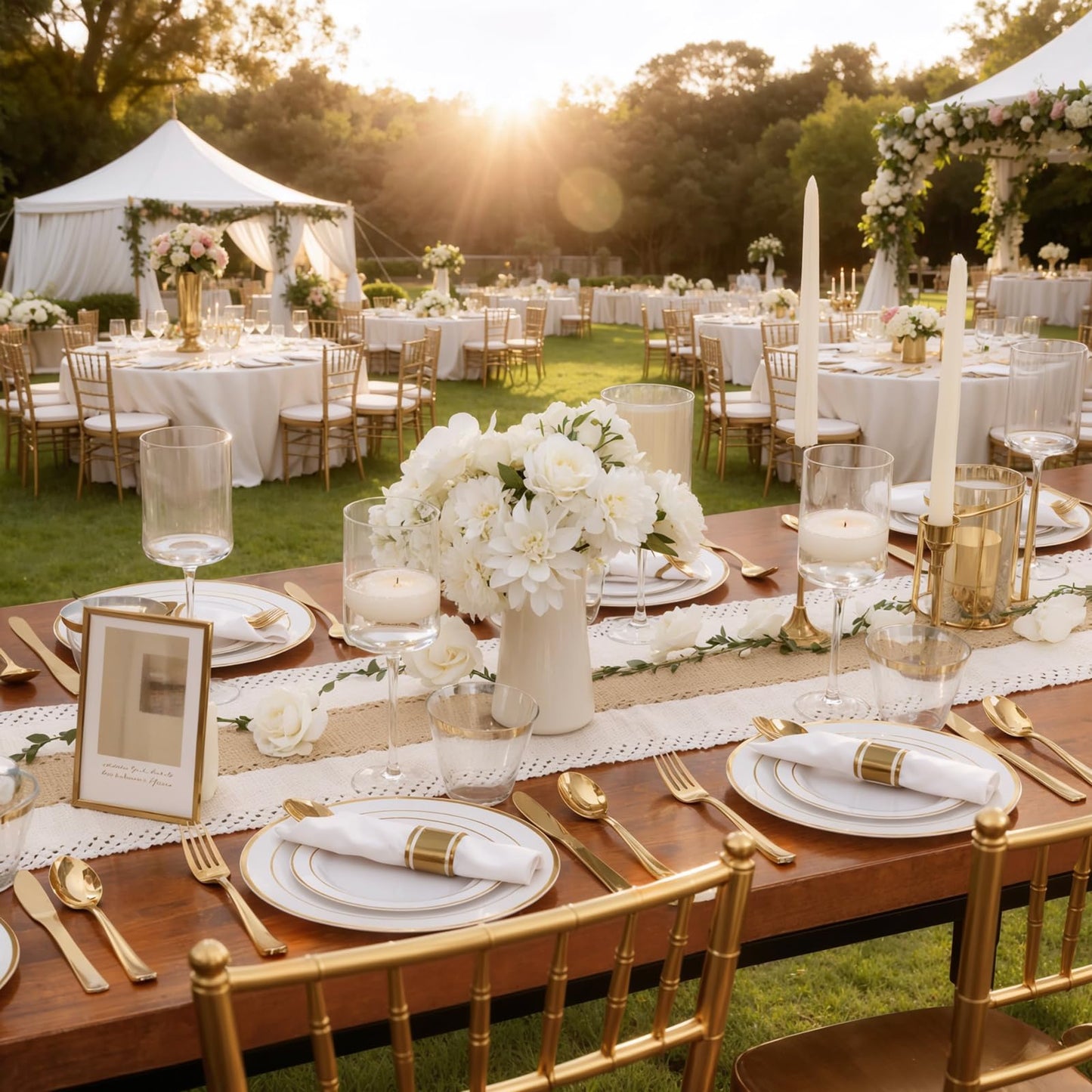 WDF Partyware 350Piece Gold Dinnerware Set for 50 Guests - Gold Plastic Plates with Disposable Cutlery - 50Dinner Plates-50Dessert Plates-50Pre Rolled Napkins with Silverware for Wedding/Mother's Day