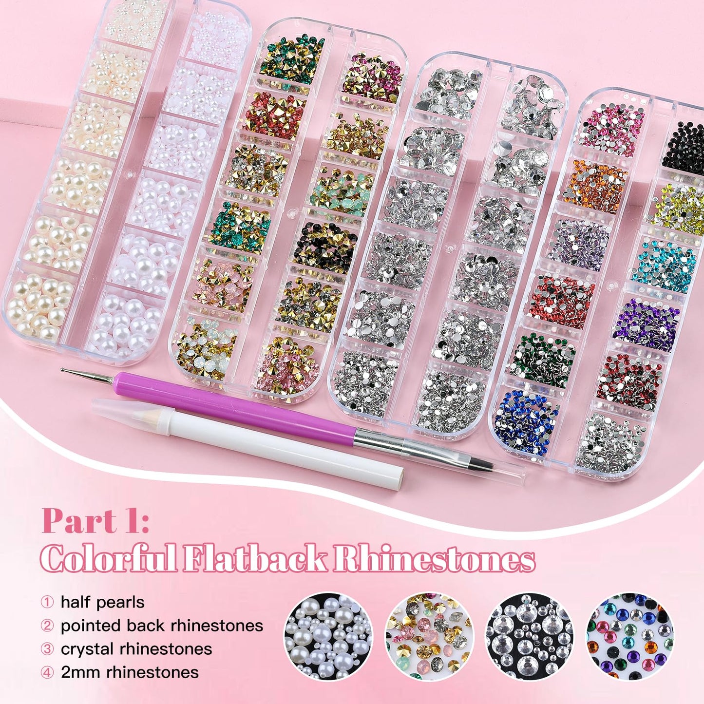 Kikonoke 10 Boxes Nail Art Kit - 12 Colors Pointed/Flatback Rhinestones, 3D Gold/Silver/Rose Nail Studs, White Beige Half Pearls, Holographic Glitter & Foils + 3 Tools for DIY Nail Art Jewels & Crafts
