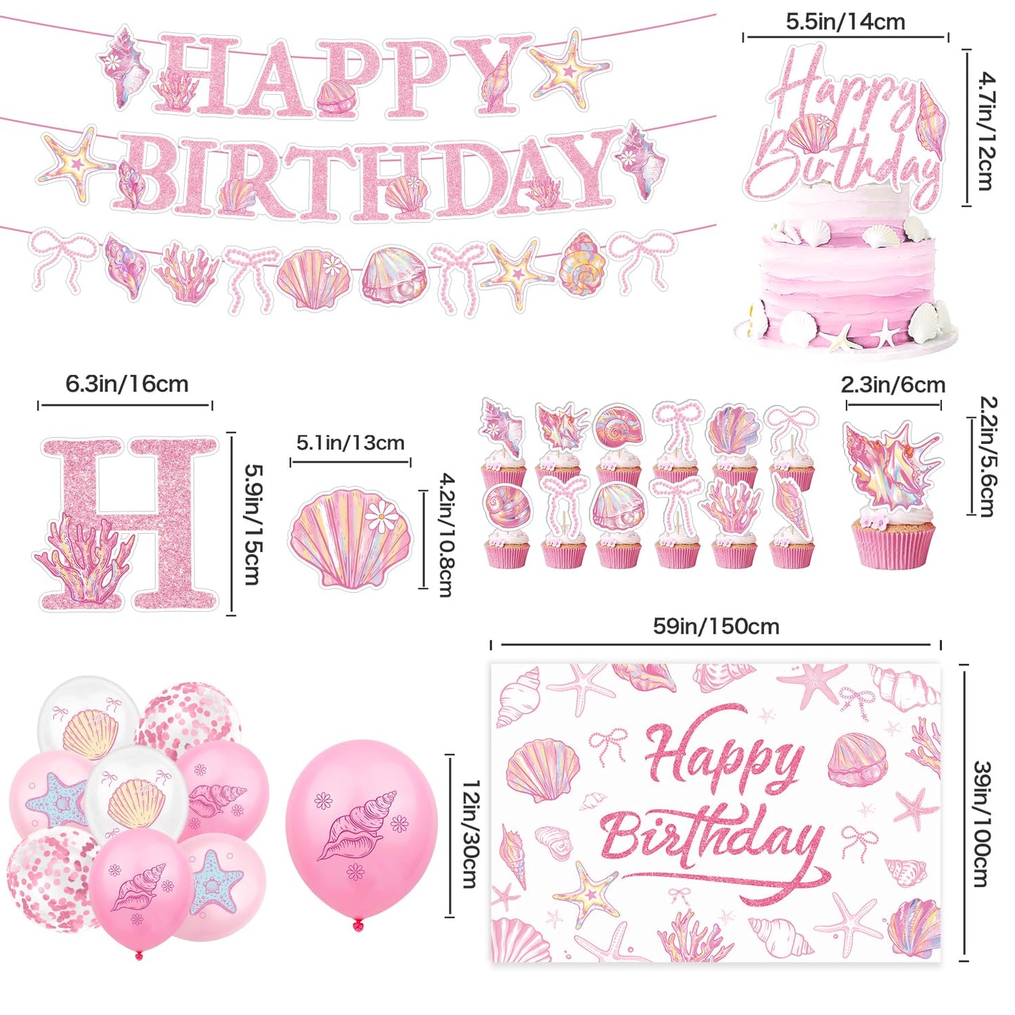 Pink Seashell Party Decorations Include Seashell Banner-Backdrop-Balloons-Cake Topper-Cupcake Toppers for The Summer I Turned Pretty Party Decorations