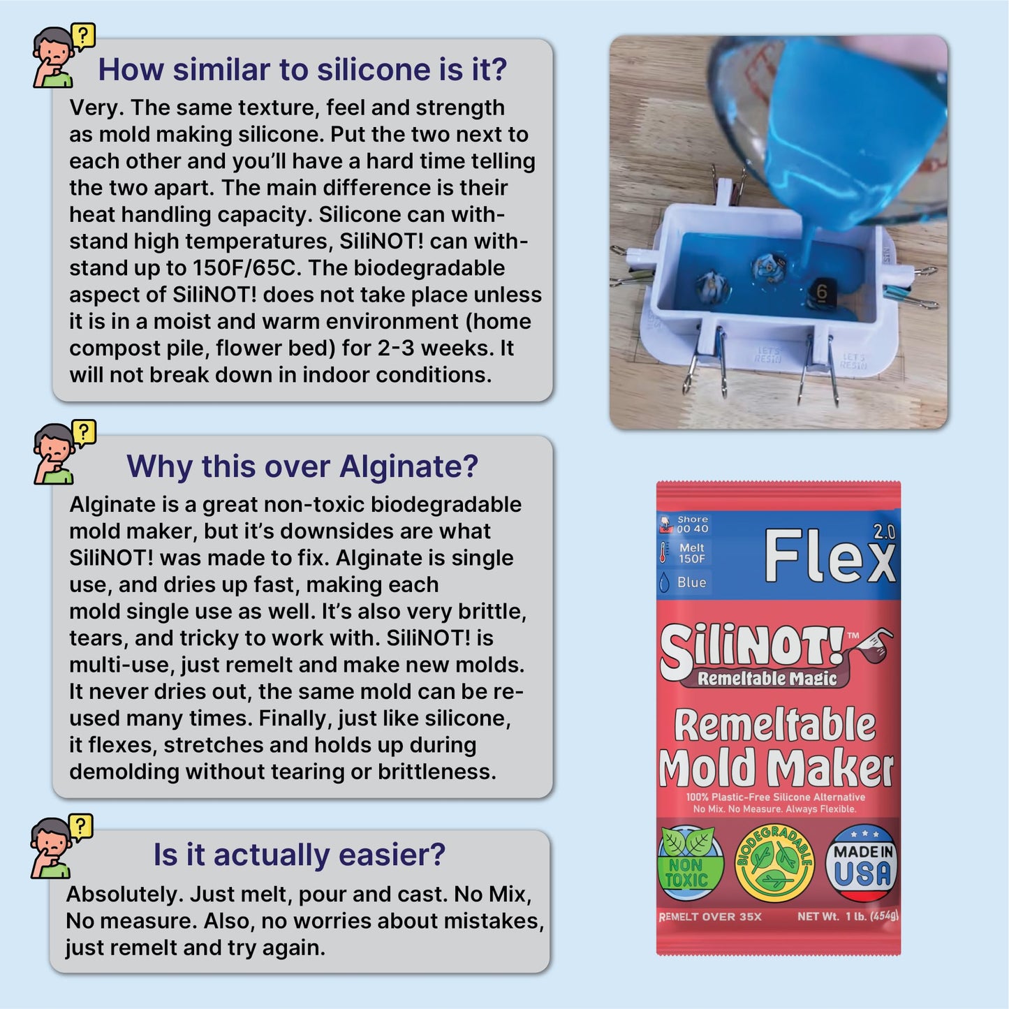 Remeltable Silicone Mold Making Kit 16oz. - Easier Than Silicone Mold Maker. Reuse 35x, No Mix, Non-Toxic, Food-Contact Safe for Plaster, Resin, Epoxy, Chocolate, Wax & Soap Mold