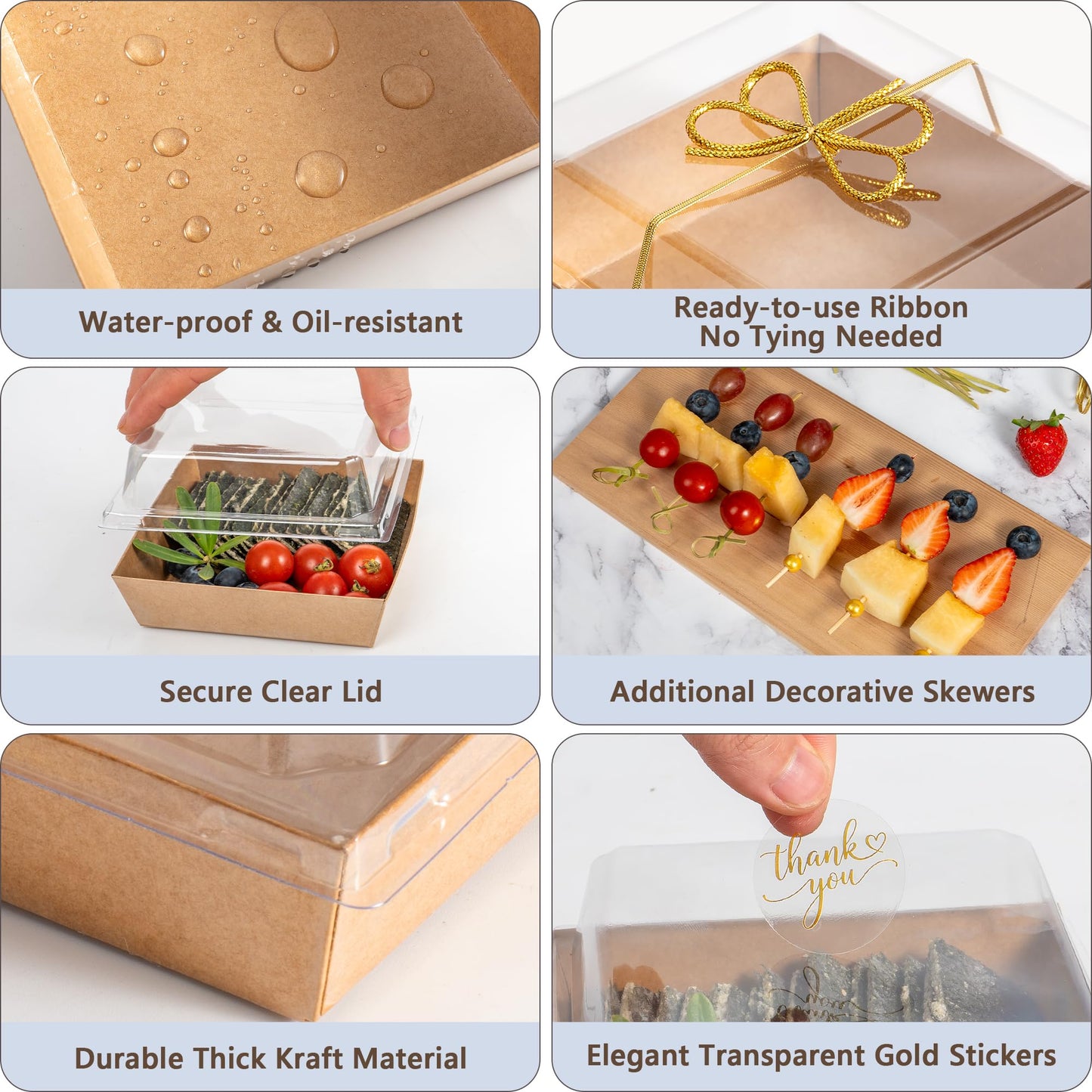Gift-Ready Charcuterie Boxes with Clear Lids, Cake Slice Container, Bakery packaging, Food Gift Containers, Small Treat, 5"Dessert Boxes with Ready to use Ribbon and Bamboo Skewers-50 Count-BROWN