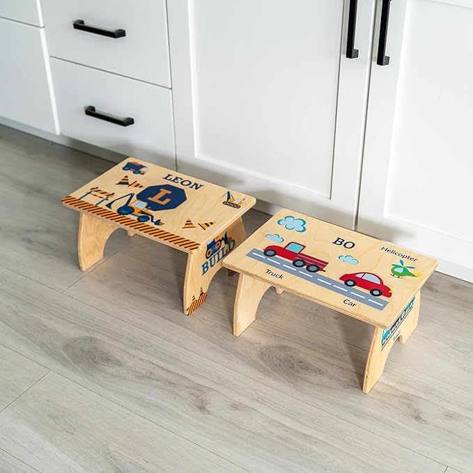 Step Stool for Toddlers- Personalized Wood Kids Step Stool with Name for Kitchen Sink, Bathroom, Potty Training, Toilet, Kitchen Sink- Sturdy and Safe- Made in USA by BloomOwl (Construction- Navy)