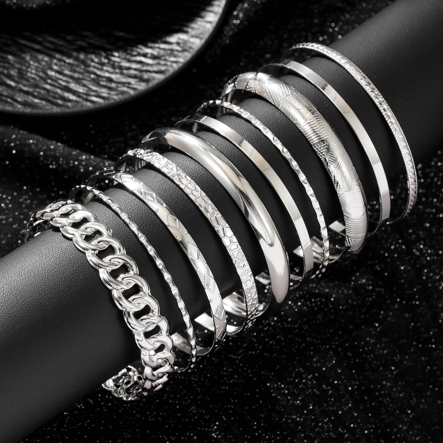 AYWFCBF Silver Bangles for Women, 10 Pcs Boho Stackable Bracelets Multi Layer Textured Chunky Bracelets Jewelry Set for Women