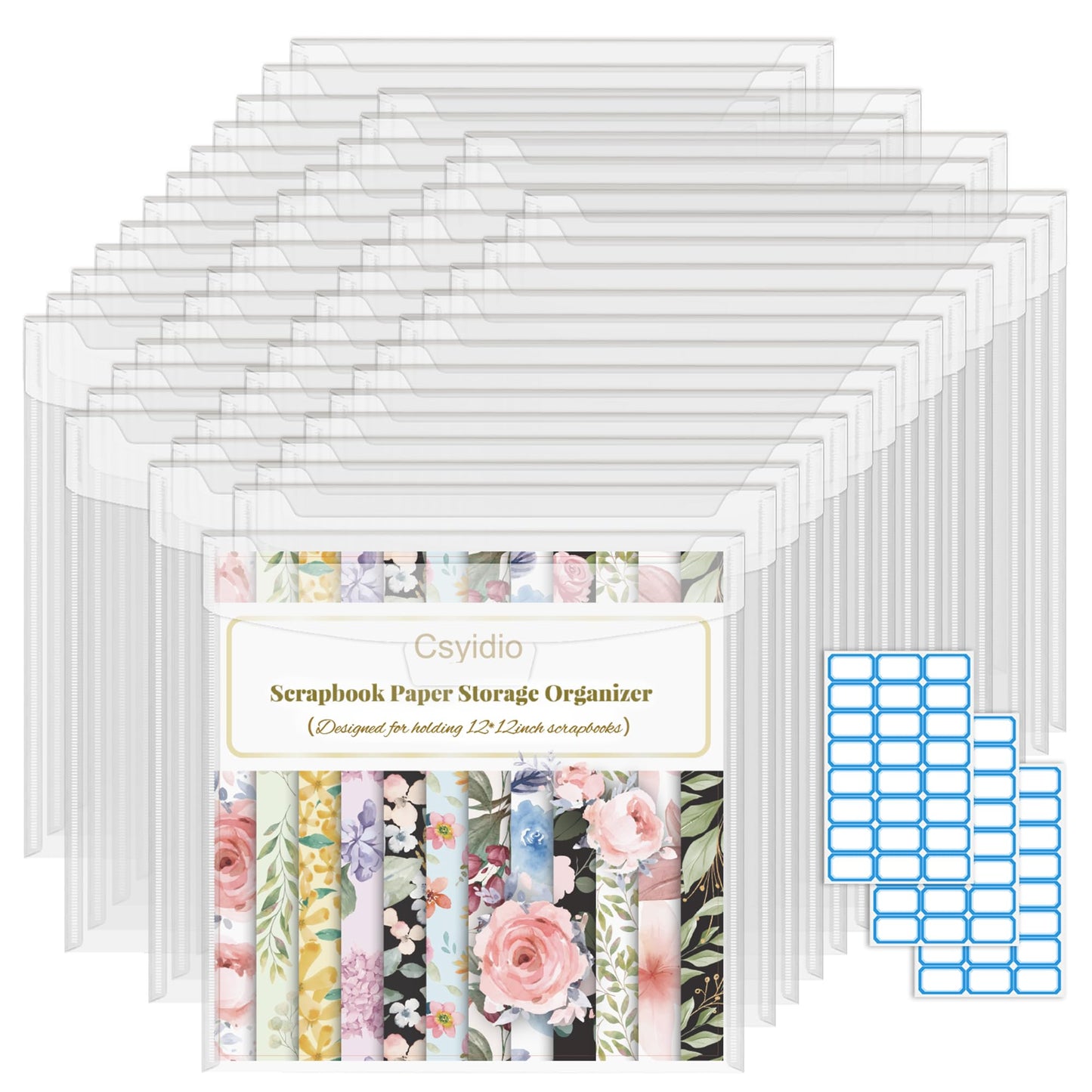 Csyidio 10 PCS 12 x 12 Inch Scrapbook Paper Storage Organizer with Label Stickers, Clear Paper Storage Bag for Holding Scrapbooking, Vinyl, Photos and File Enclosed Storage