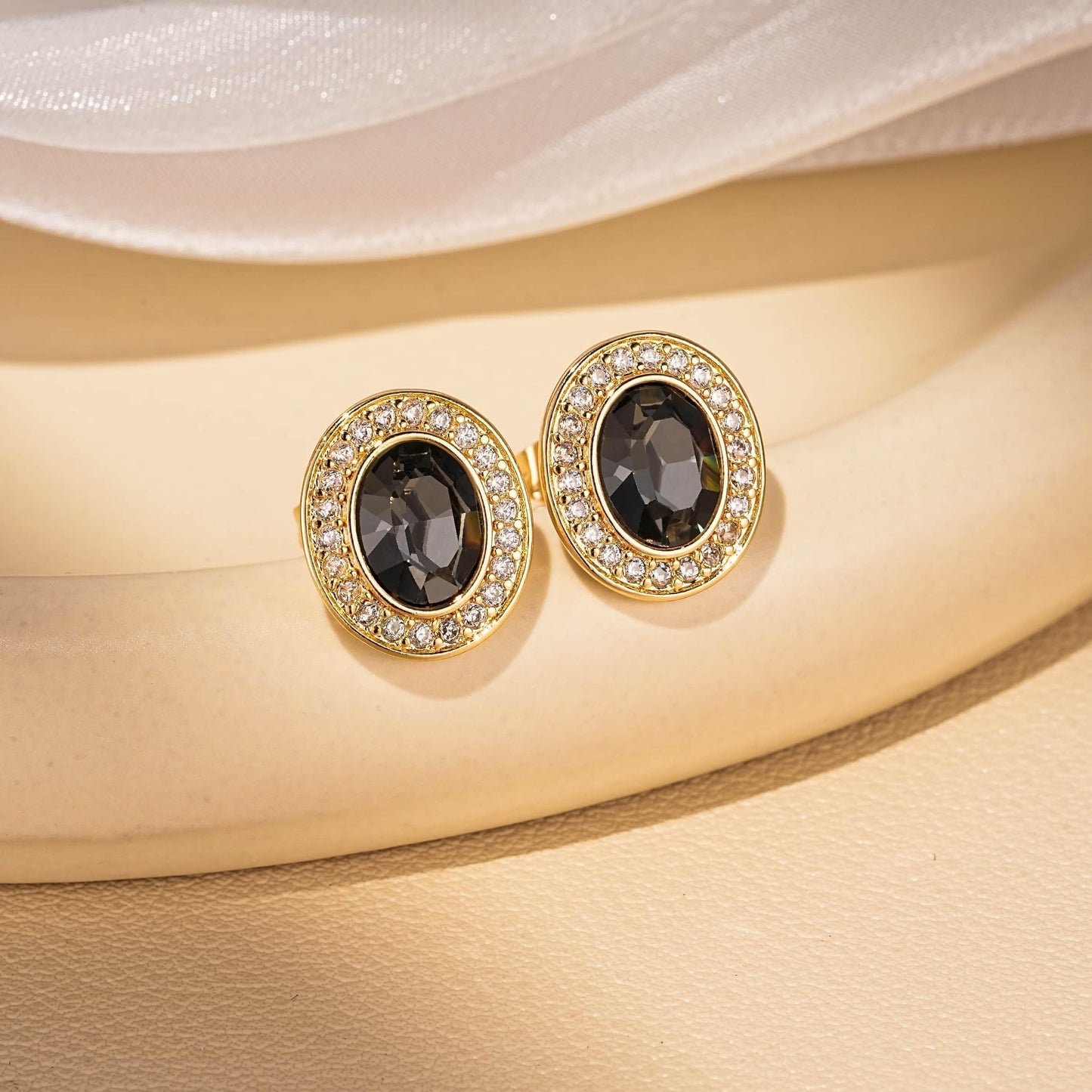 EVEVIC Austrian Crystal Halo Oval Stud Earrings for Women Trendy,14k Gold Plated Hypoallergenic Earring Jewelry Gift (Grey-Black)