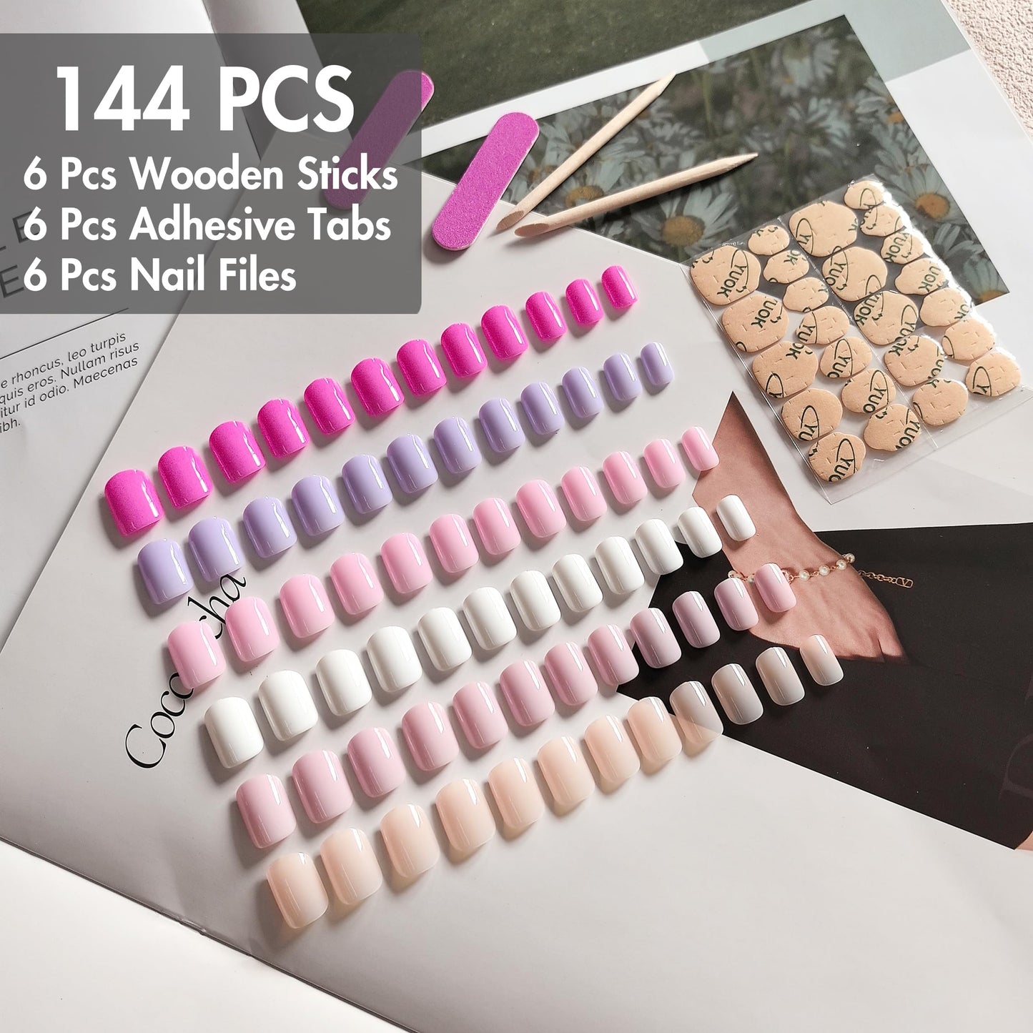 6 Pack Press On Nails Short, KQueenest Acrylic Press On Nails Square, Natural Bright Sheer Color Fake Nails Press On, Glossy Gel Glue On Nails Short Stick on Nails for Women Gift 144 Pcs