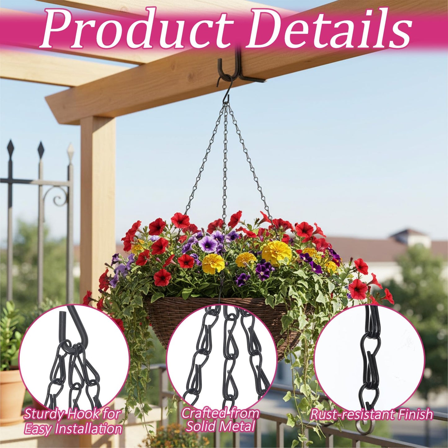 Jeffdad 3 Pack 16 Inch Hanging Basket Chain, Flower Pot Chain with Hooks 3 Point Plant Pot Replacement Chains Hanger Flowerpot Chains Replacement PlantHangers for Planters Bird Feeders Lanterns
