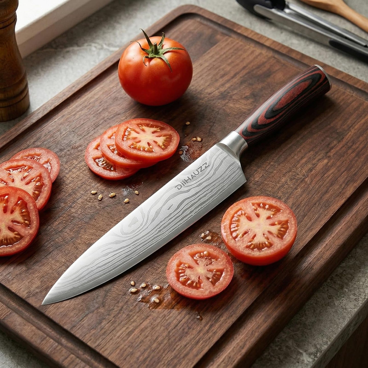 DiiHAUZZ Chef Knife, 8 Inch Ultra Sharp Kitchen Knife, High Carbon Stainless Steel Chefs Knife with Ergonomic Handle, Professional Forged with Sheath and Gift Box for Men and Women, Mothers Day Gift