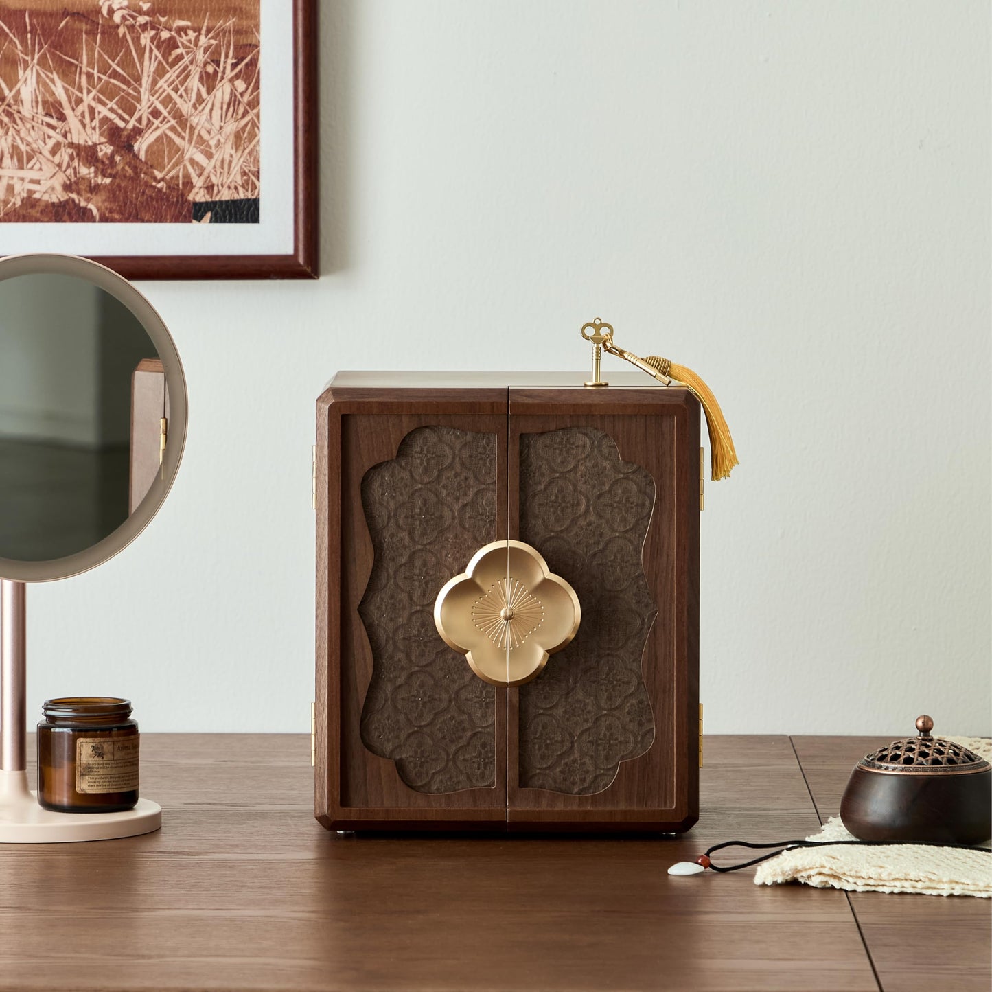 Wenseny Lockable Walnut Jewelry Box with Key, 5-Layer Jewelry Organizer Storage Box for Necklaces, Rings, Earrings & Bracelets - Mothers Day Gifts for Mom