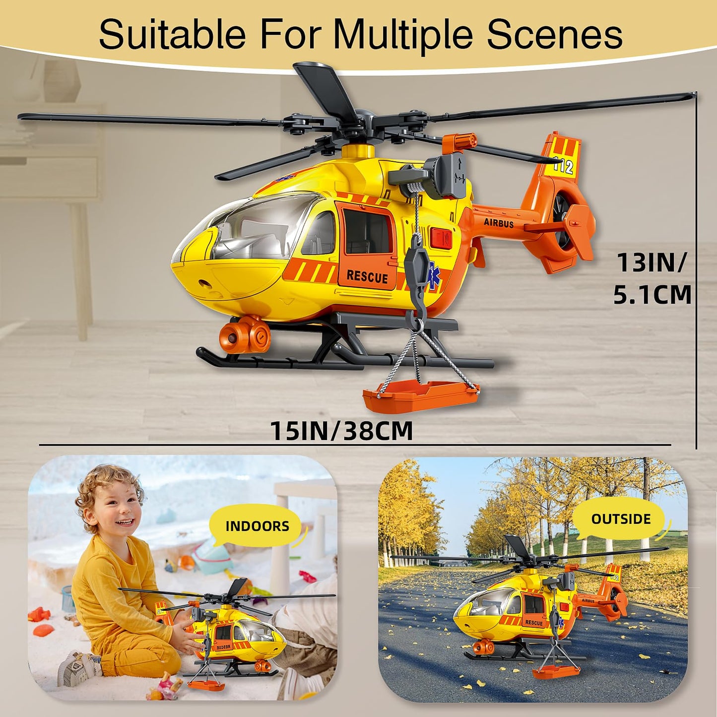 XUEXUE Large Rescue Helicopter Toy 15 Inch, Yellow Emergency Helicopter with Crane & Hanging Tray, Lights and Sounds, 112 Rescue Sign, Helicopter Toys for Kids 3-7, Birthday Gift