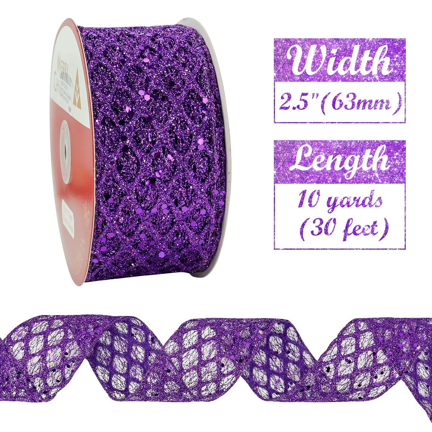 HUIHUANG Purple Wired Ribbon 2.5 inch Glitter Diamond Wire Edge Ribbon for Halloween Decor, Christmas Tree, Gift Wrapping, Bows Making, Wreath Supplies, Garlands, DIY Crafts -10 Yards