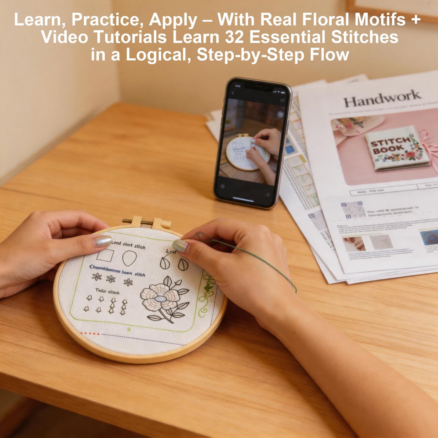 Embroidery Stitch Book Kit for Beginners & Adults,33 Essential Stitches Practice Samplers,6.29 inch Hoop, Floss & Needles, Step-by-Step Guide and Video Tutorials, DIY Needlework Gift