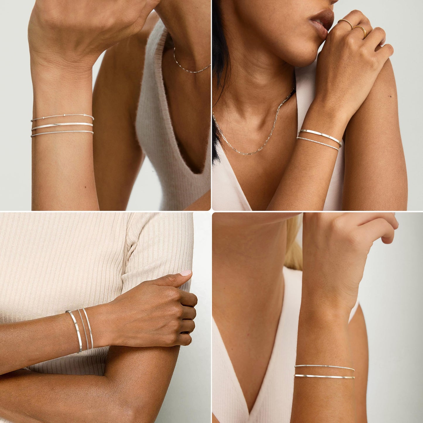 Dainty Silver Bracelets for Women, Silver Plated Stackable Thin Bracelet Set Box Link, Paperclip, Herringbone, Sparkling Chain, Bangle Cuff, Adjustable Minimalist Waterproof Jewelry Gifts for Women