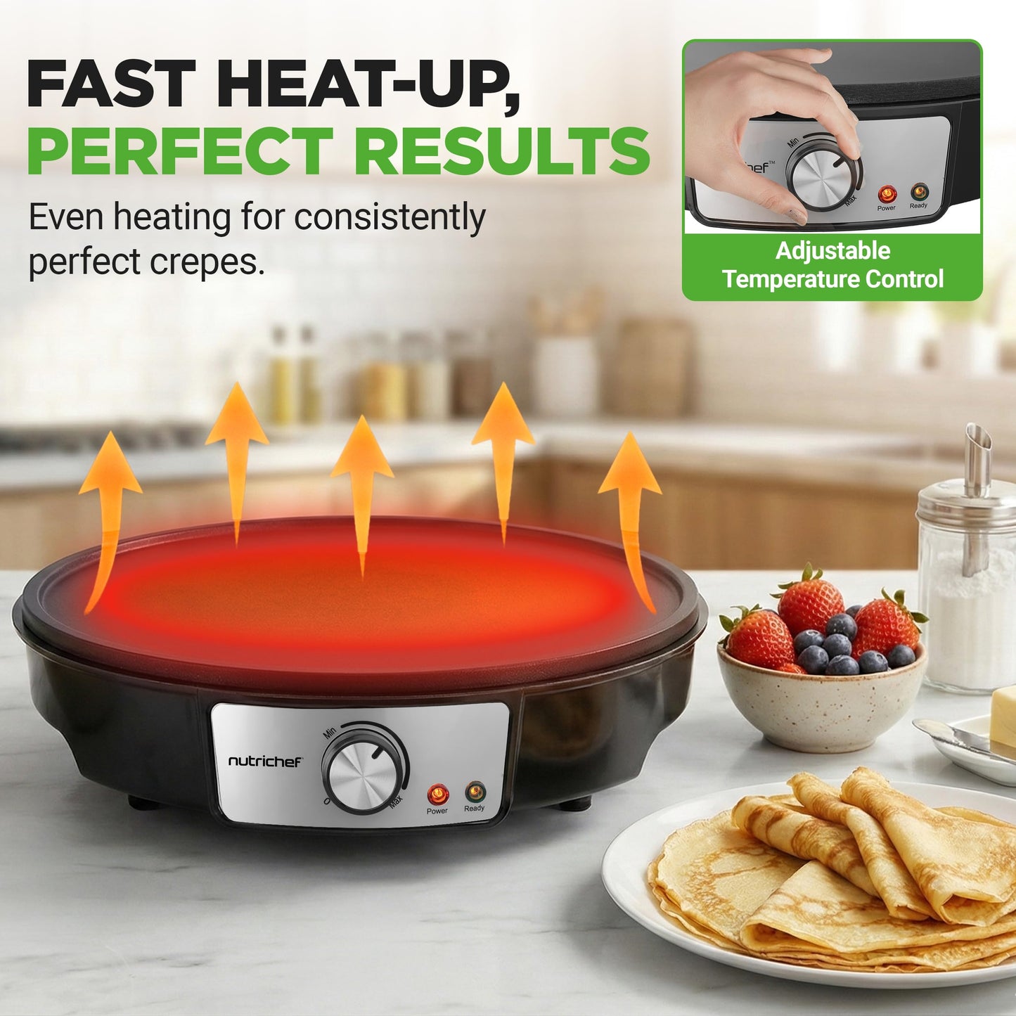 Nutrichef Electric Crepe Maker & Griddle Cooktop - Nonstick 12 Inch Aluminum Hot Plate with LED Indicator Lights & Adjustable Temperature Control - Wooden Spatula & Batter Spreader Included